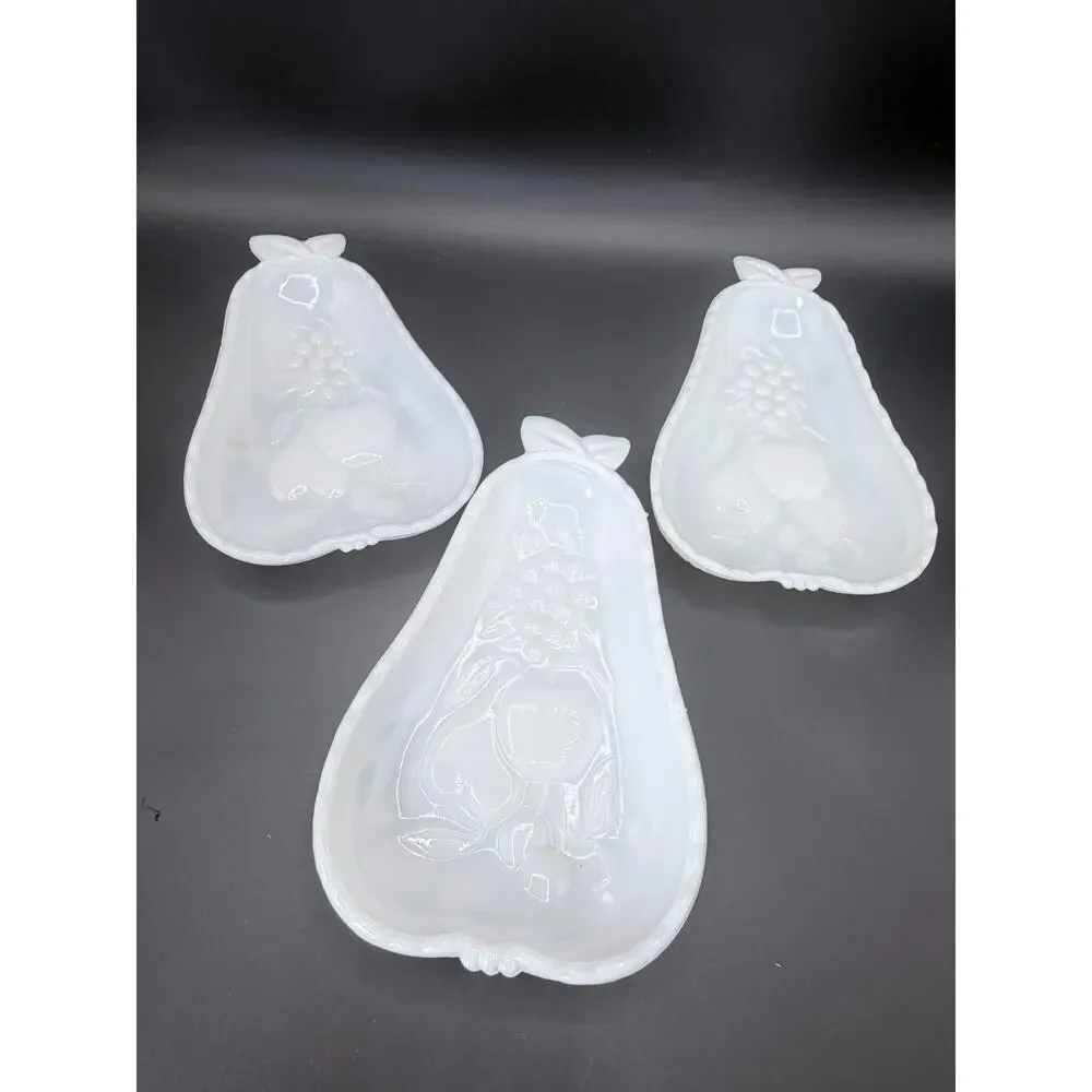 Vintage Hazel Atlas Blossom Milk Glass Pear Relish Dishes Set of 3 8in